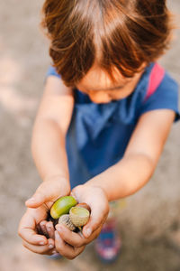 High angle view of cute girl holding acorn in forest