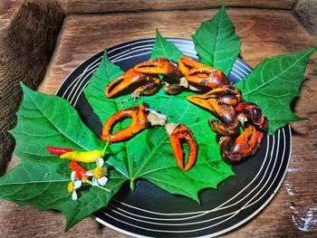 High angle view of leaves in plate on table