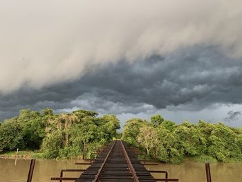 View of railroad tracks against cloudy sky