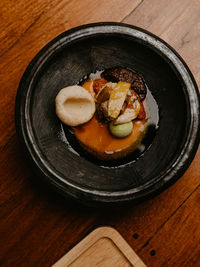 High angle view of food in plate on table