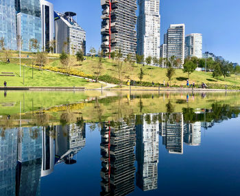 Reflection of buildings in lake against blue sky