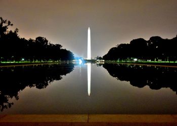 Reflection of trees in lake against sky at night