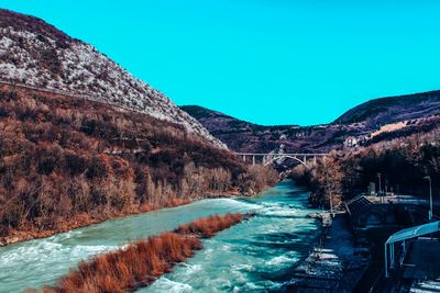 Scenic view of river against clear blue sky