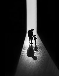 Silhouette people with toy standing on floor