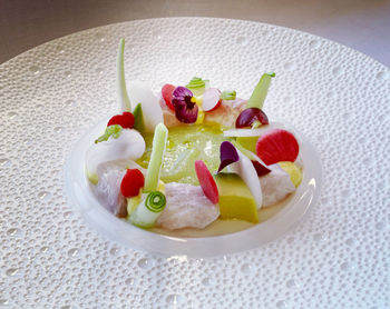 High angle view of dessert in plate on table