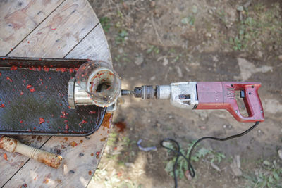 High angle view of machine on table