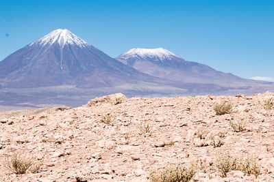 Scenic view of snowcapped mountains against clear sky