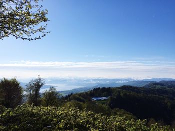 Scenic view of mountains against blue sky