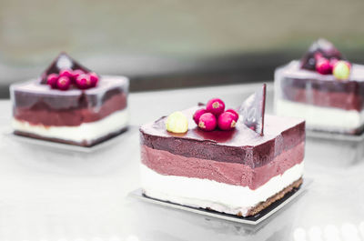 Close-up of cake served on table