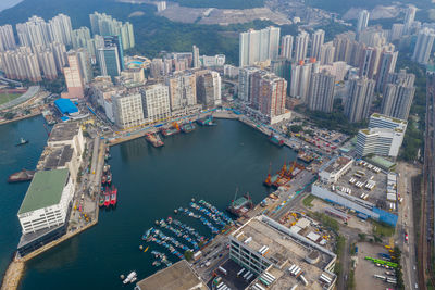 High angle view of city and buildings