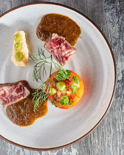 High angle view of food in plate on table