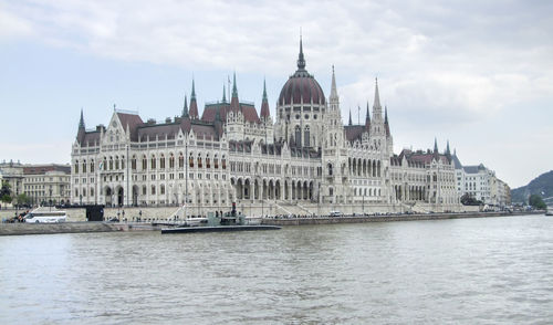 View of buildings by river against cloudy sky