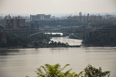 Scenic view of river by cityscape against sky