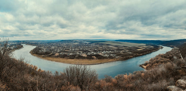 High angle view of land against cloudy sky