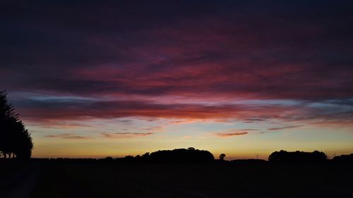 Silhouette trees on field against sky at sunset