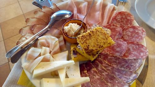 High angle view of breakfast on table