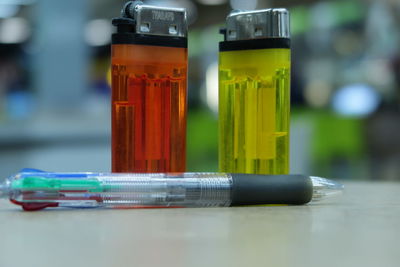 Close-up of multi colored pencils on table