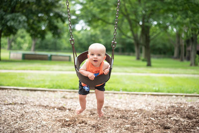 Portrait of boy on swing at playground