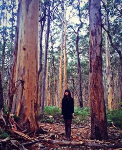 Woman standing on tree trunk in forest