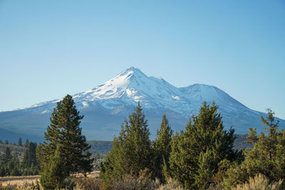 Scenic view of snowcapped mountains against clear blue sky
