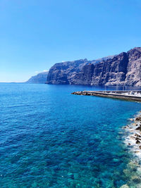 Scenic view of sea against clear blue sky