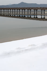 Snow covered land by lake during winter