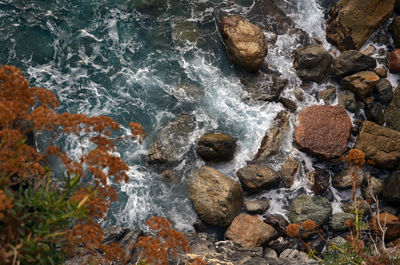 Scenic view of pebbles in water