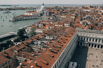 High angle view of buildings in city