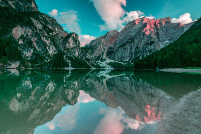 Mountain lake in the dolomites in italy. lake prags.