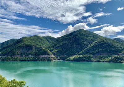 Scenic view of lake and mountains against sky