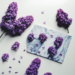 Flowers and cutting board on white background