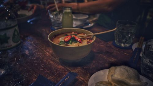 High angle view of food served on table