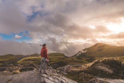 Rear view of man looking at mountain against sky