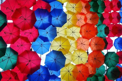 Full frame shot of multi colored umbrellas hanging against sky