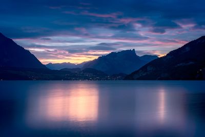 Scenic view of lake against sky at sunset