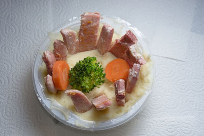 High angle view of food in plate on table