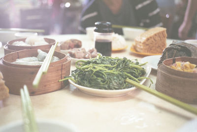 Close-up of food served on table