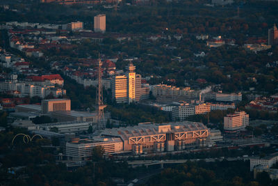 High angle view of buildings in city