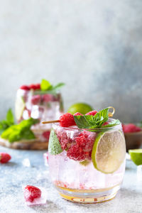 Close-up of fruits in glass on table