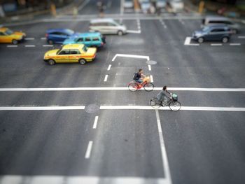 High angle view of people on road