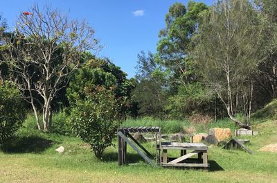 Empty bench on grassy field