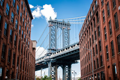 Low angle view of bridge and buildings against sky