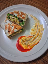 High angle view of breakfast served on table