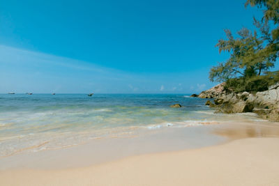 Scenic view of beach against blue sky