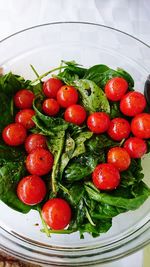 High angle view of cherries in bowl