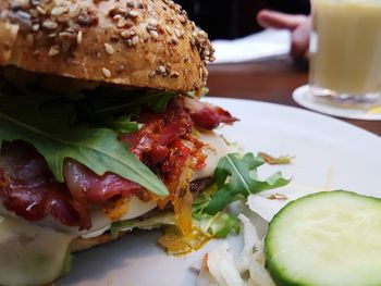 Close-up of burger in plate on table