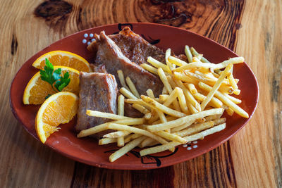 High angle view of food served on table