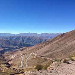 Scenic view of desert against clear blue sky