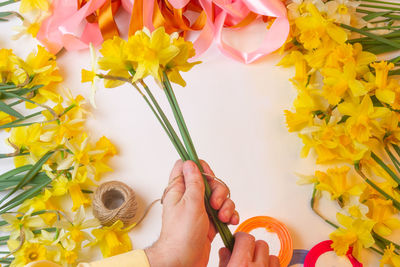 Close-up of hand holding yellow flowering plant