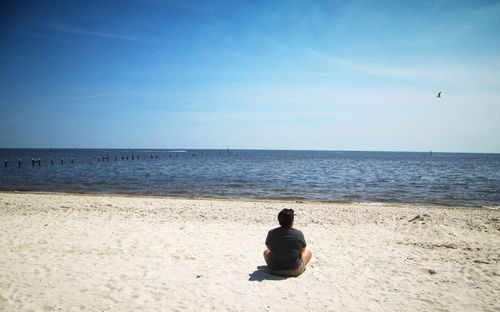 Rear view of man sitting on sand at beach against sky during summer